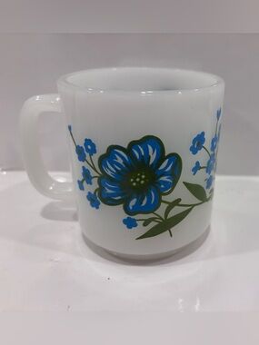 Vintage Glasbake Blue Floral Milk Glass Coffee Mug Heat Resistant USA